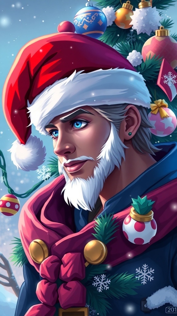 A League of Legends champion in a Santa hat with a festive Christmas background.